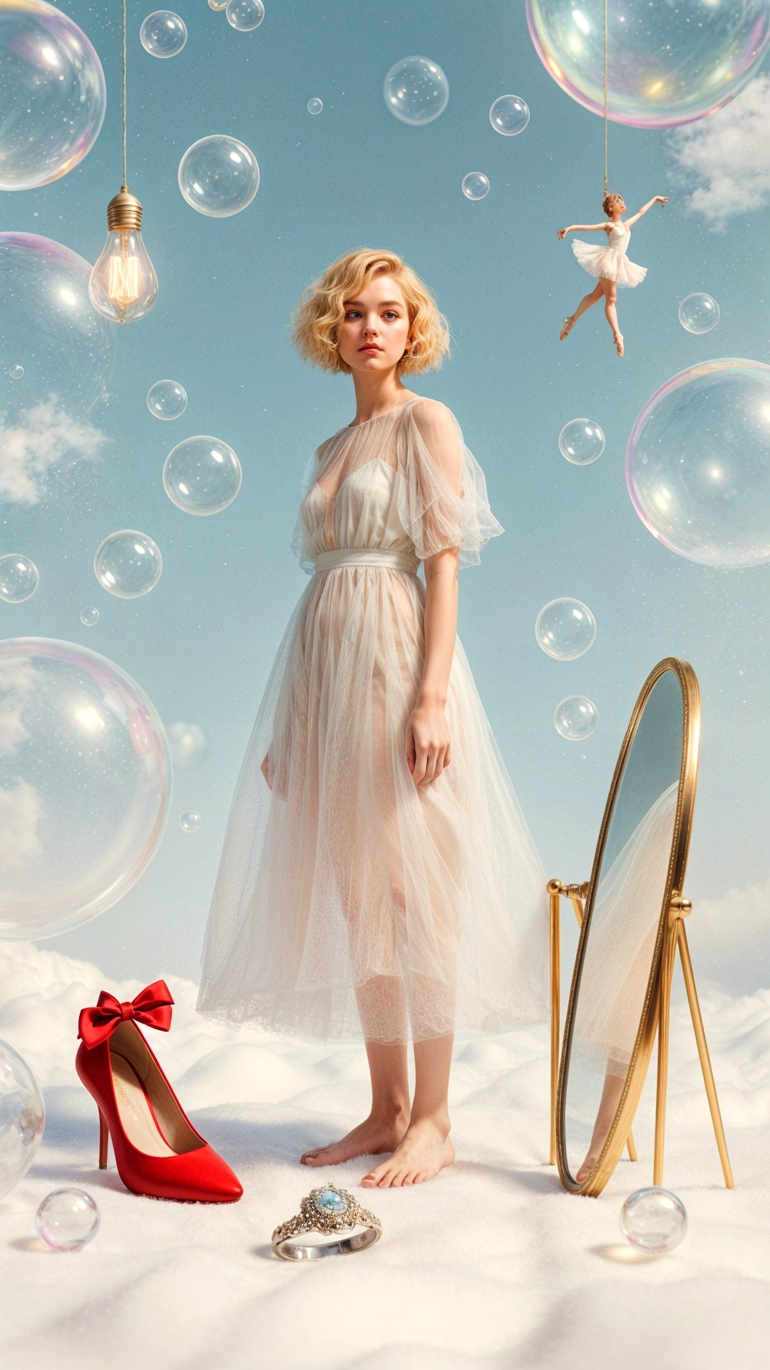 Whimsical Fairy-Tale Scene with Bubbles and Ballerina