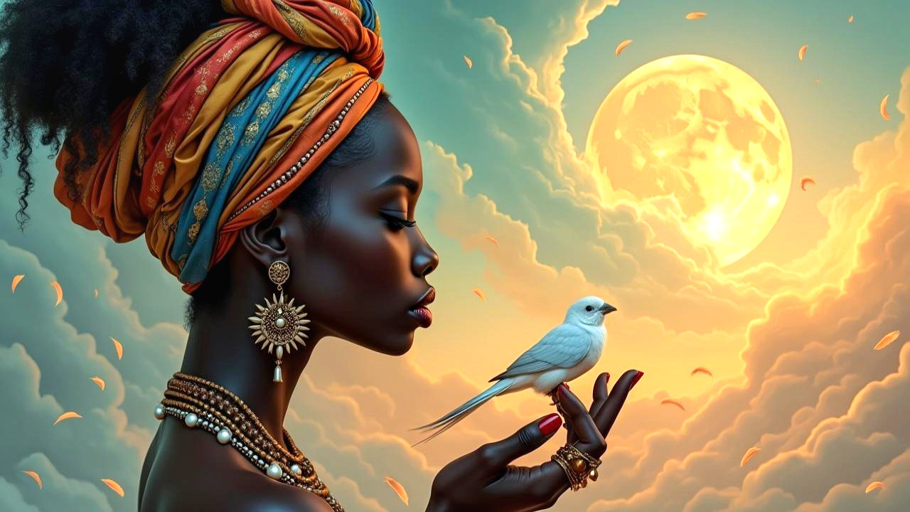 Serene woman with headwraps and jewelry under moonlight