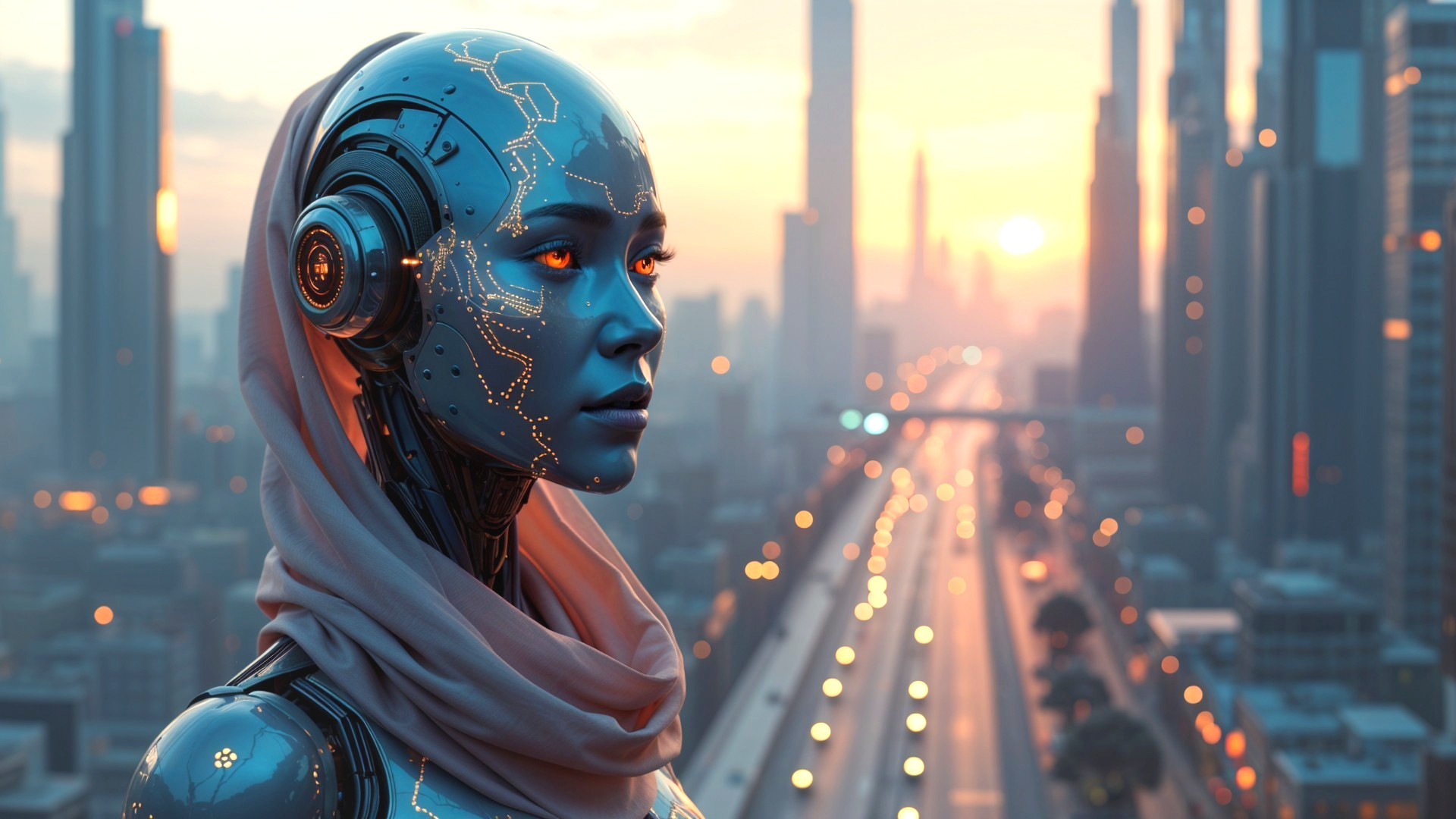 Futuristic Female Robot in Urban Sunset Scene