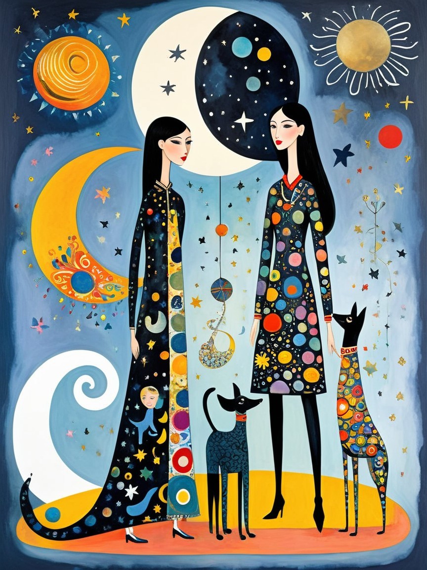 Women in Starry Attire Against Cosmic Backdrop