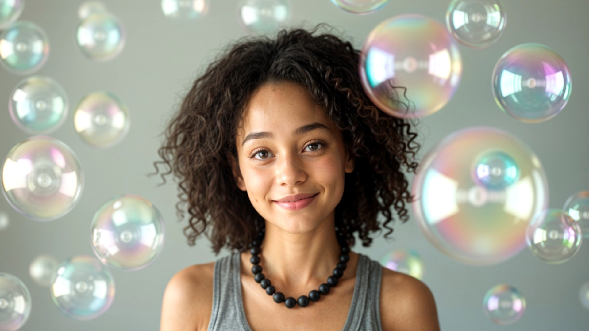 Young woman with curly hair and colorful bubbles