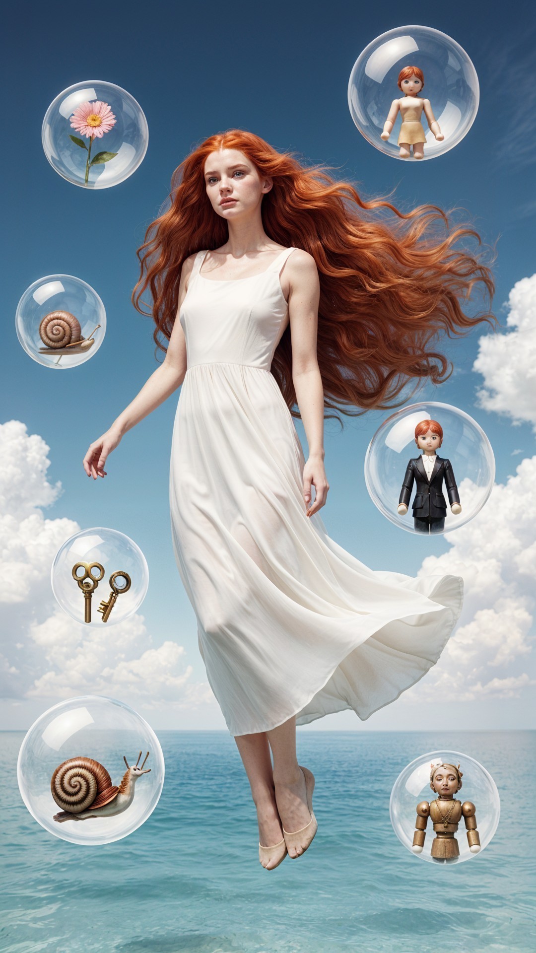 Woman in White Gown Above Ocean with Whimsical Bubbles