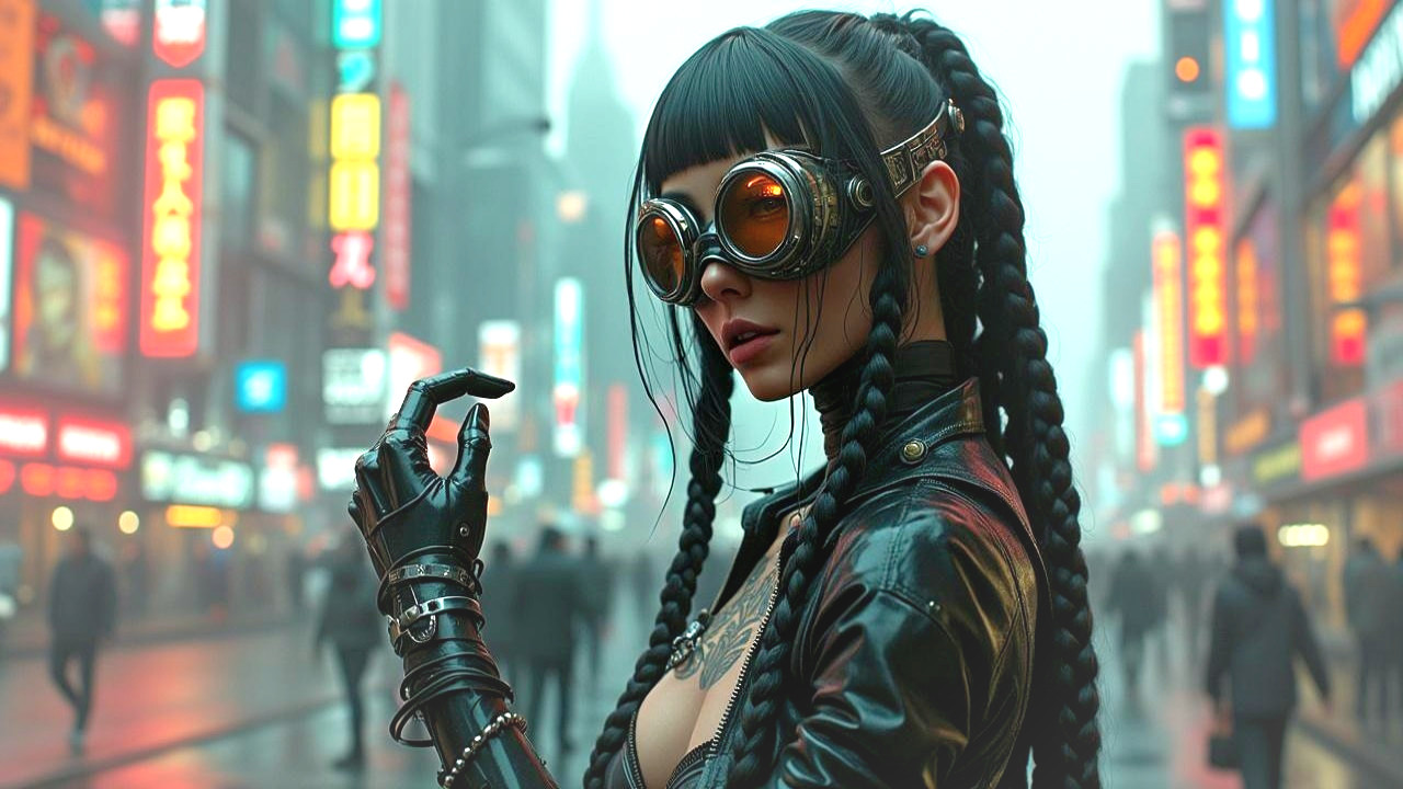 Stylish Individual in Futuristic Cyberpunk Cityscape
