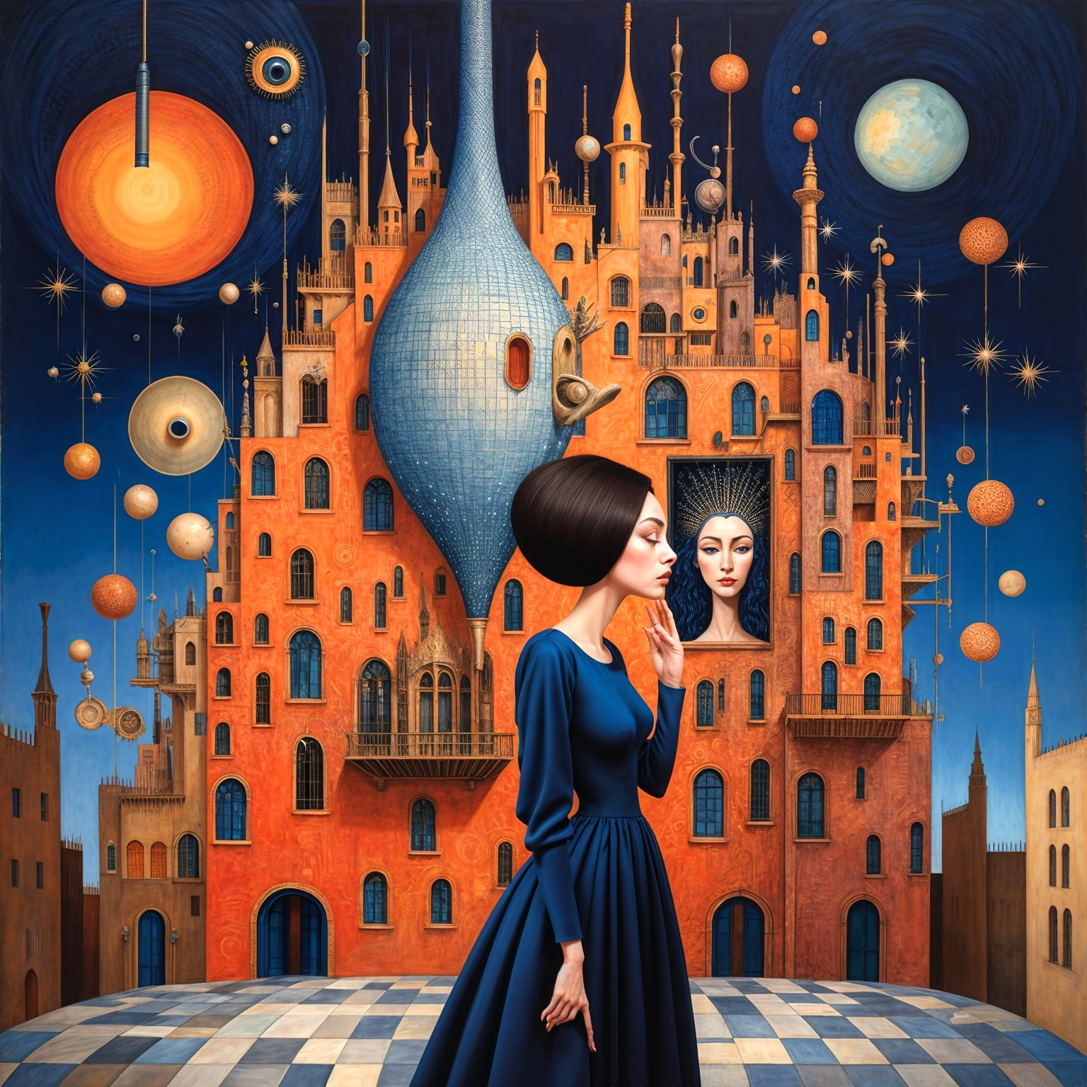 Surreal Scene of Woman in Blue Dress and Fantastical City