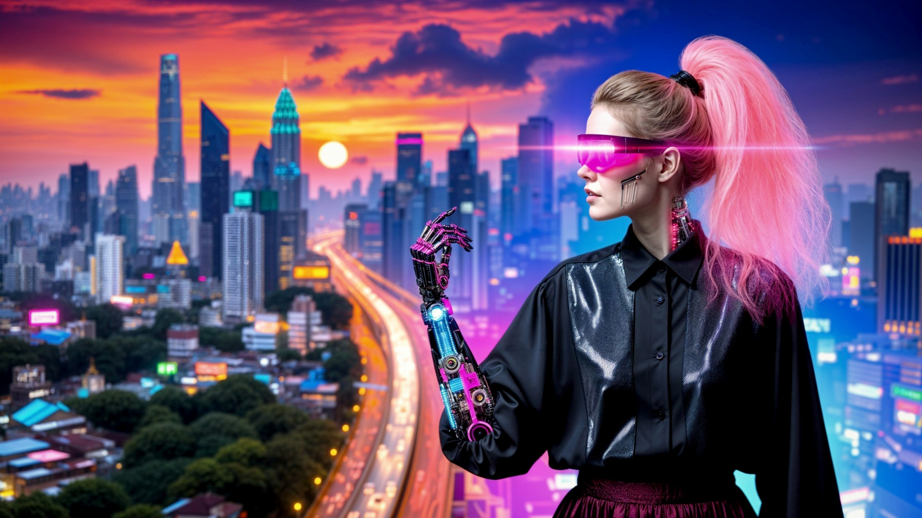 Futuristic cityscape with vibrant sunset and stylish figure