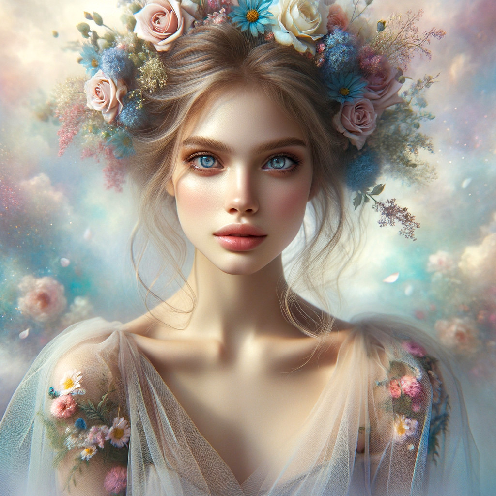 Young woman in floral crown with serene expression