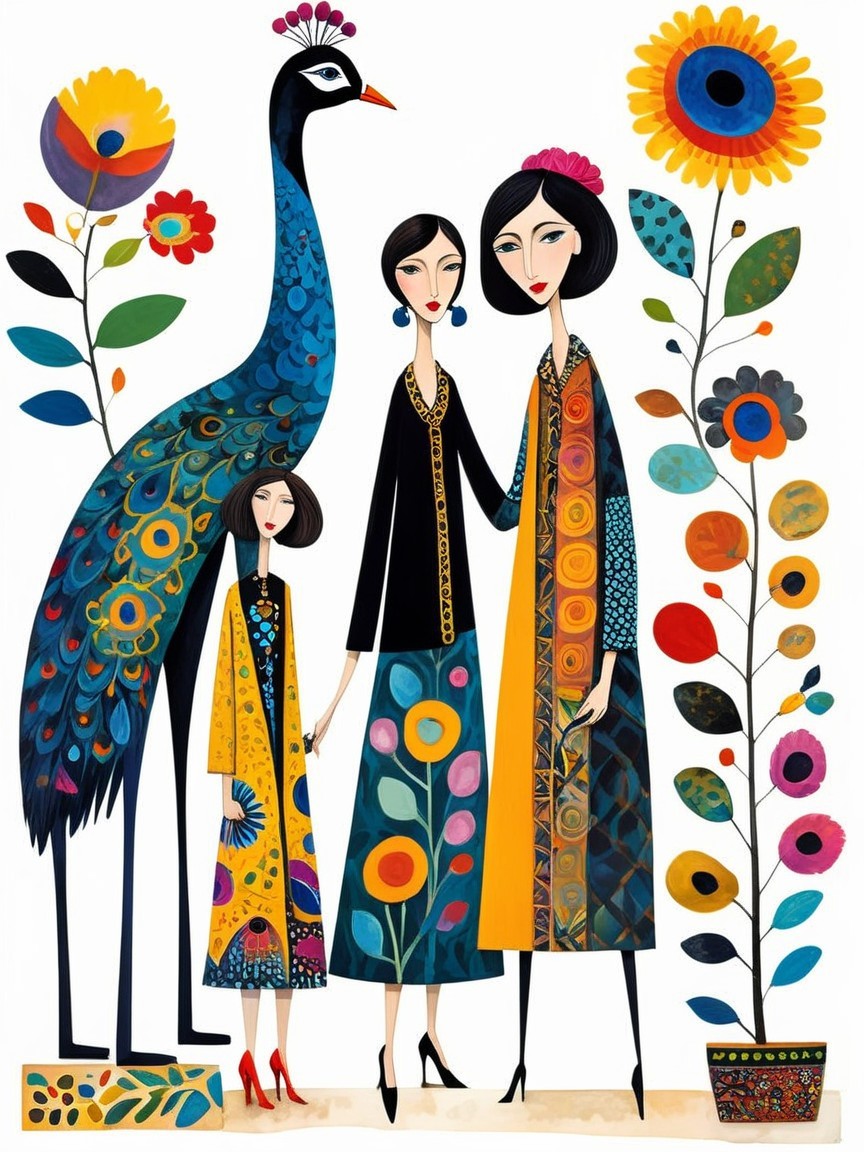 Stylized women in vibrant dresses among flowers and peacock