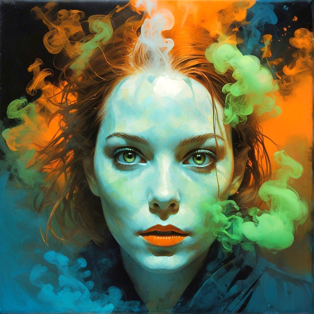 Portrait of a Young Woman with Red Hair and Colorful Smoke