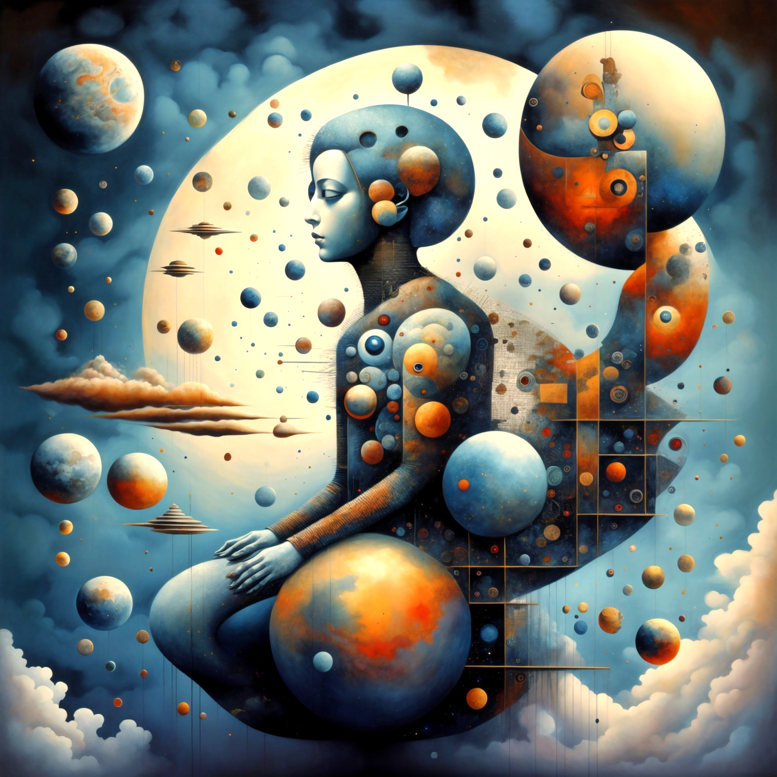 Seated Figure in Cosmic Landscape with Abstract Planets