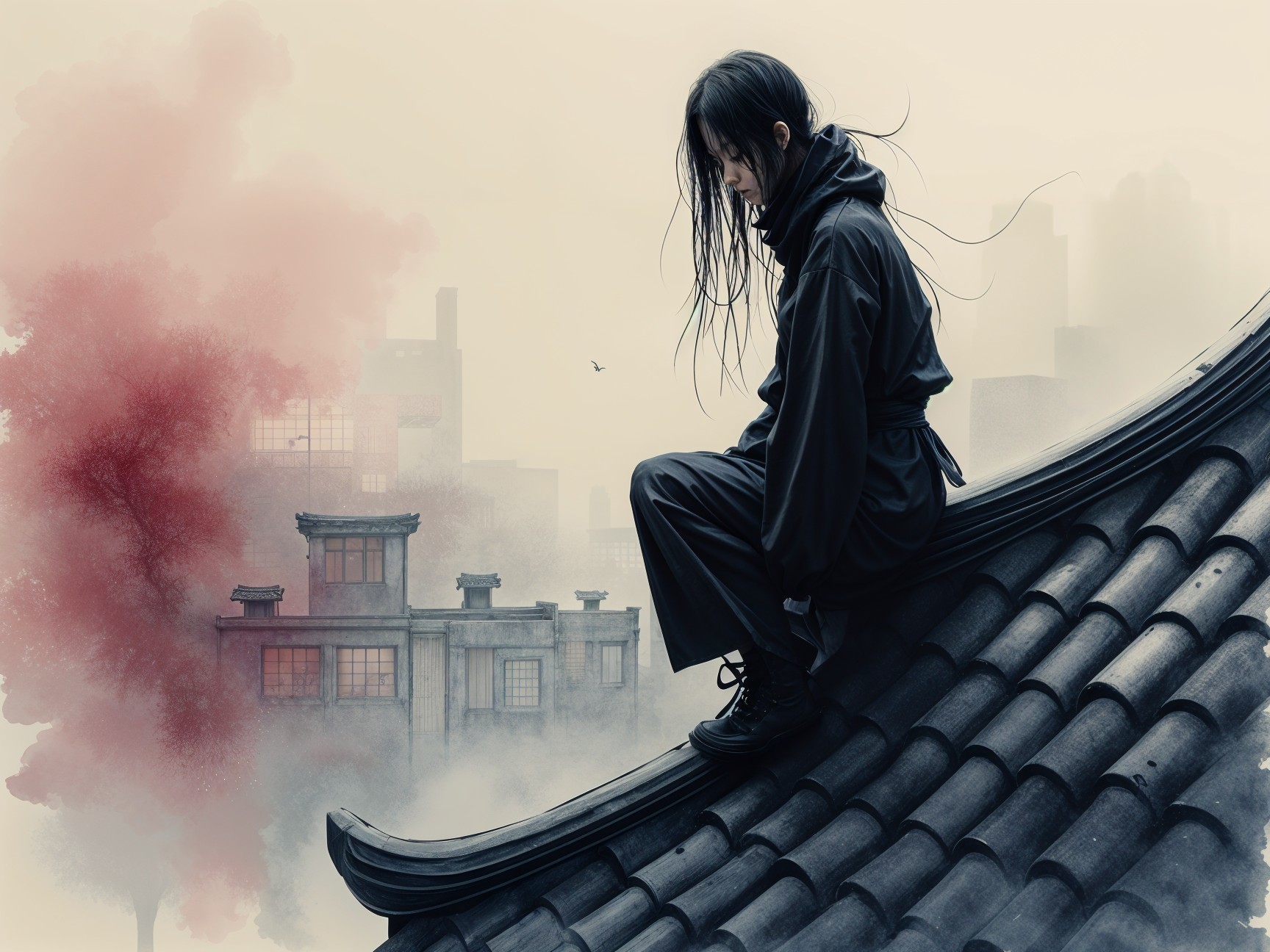 Solitary Figure on Rooftop Overlooking Urban Landscape