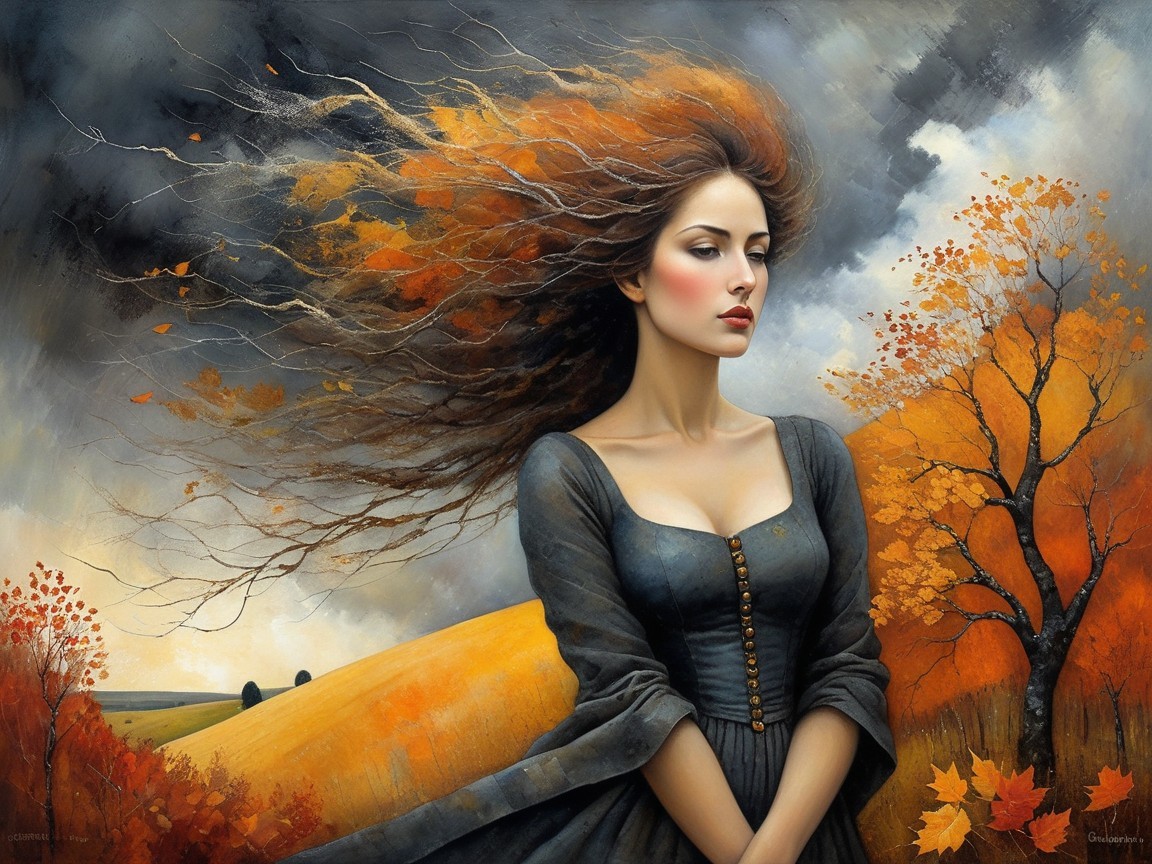 Woman in dark gown amidst vibrant autumn landscape