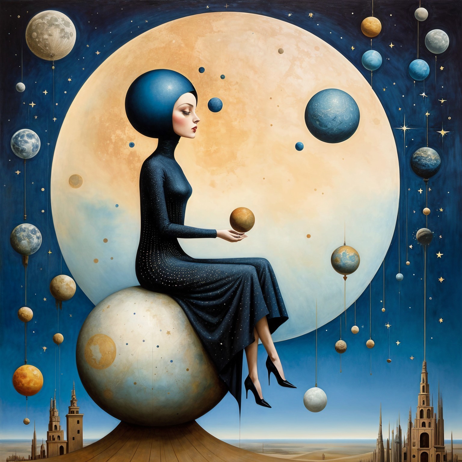 Serene figure on a planet with cosmic backdrop and towers