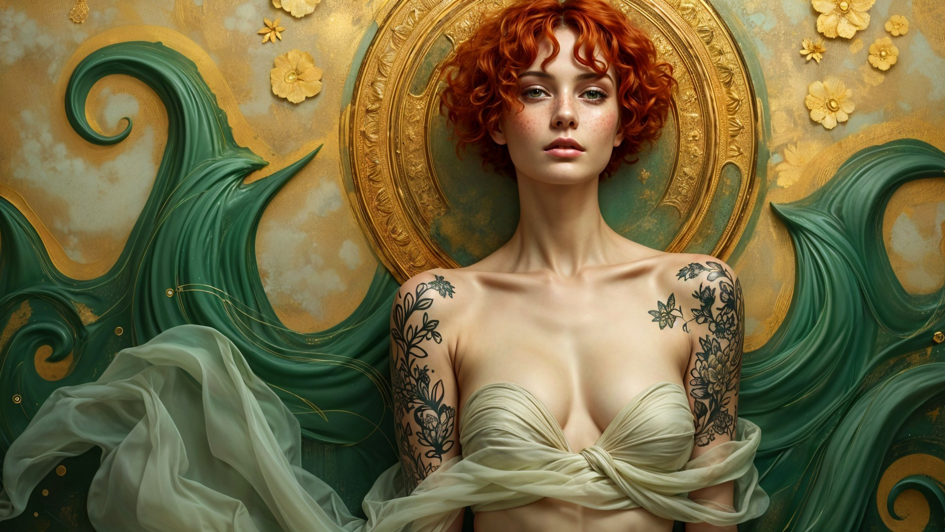 Portrait of a Female Figure with Red Hair and Tattoos