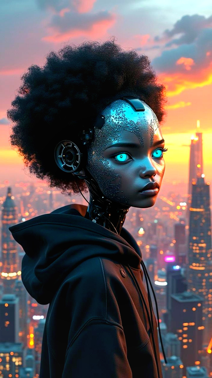 Futuristic Humanoid Robot Against City Skyline at Sunset