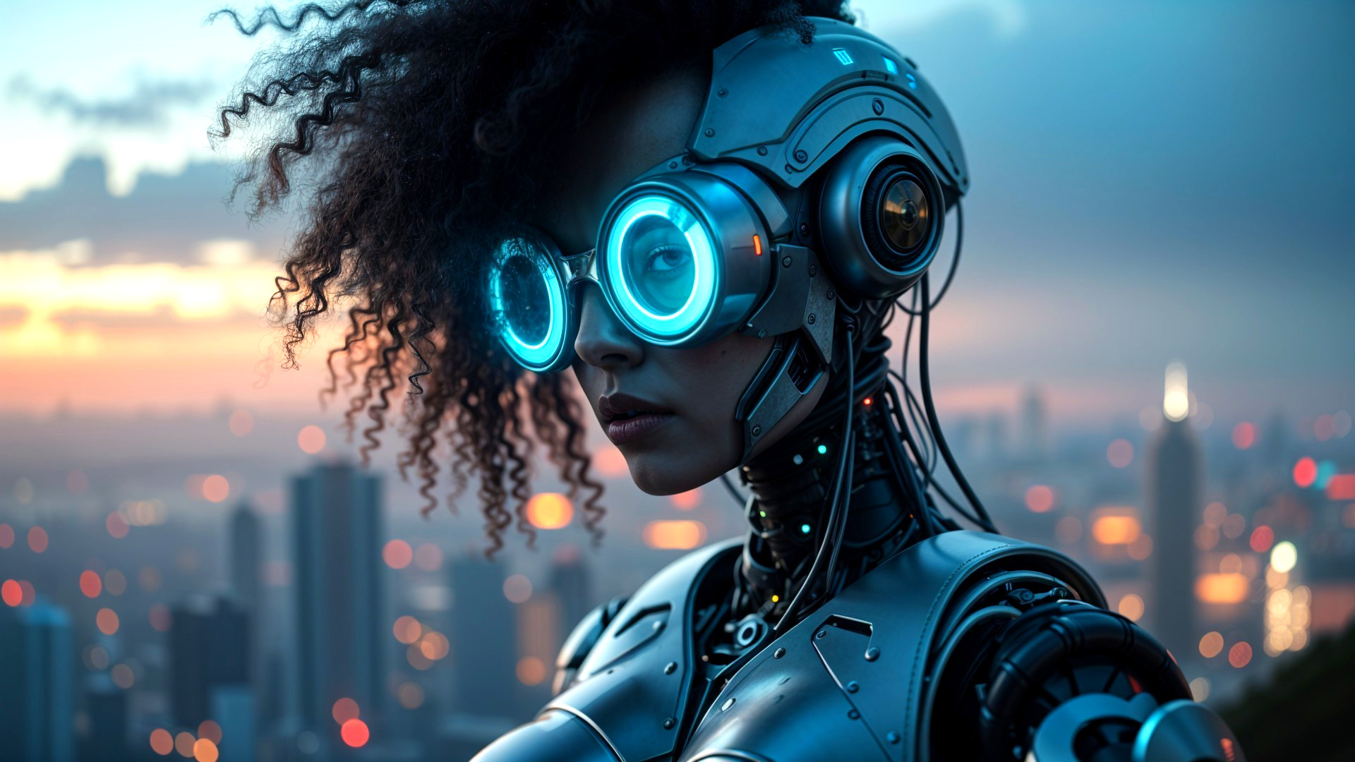Futuristic Female Robot Against Vibrant Sunset Skyline