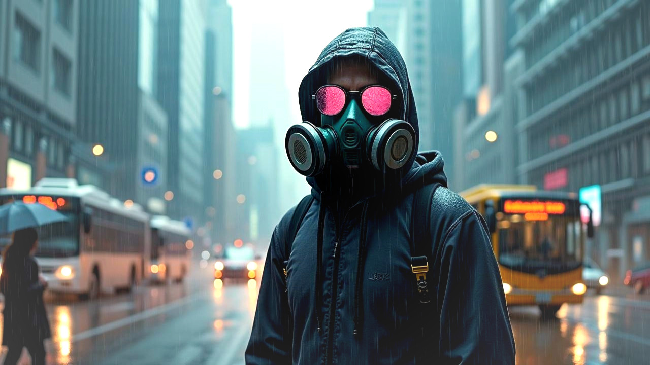 Rainy Urban Scene with Hoodie and Gas Mask