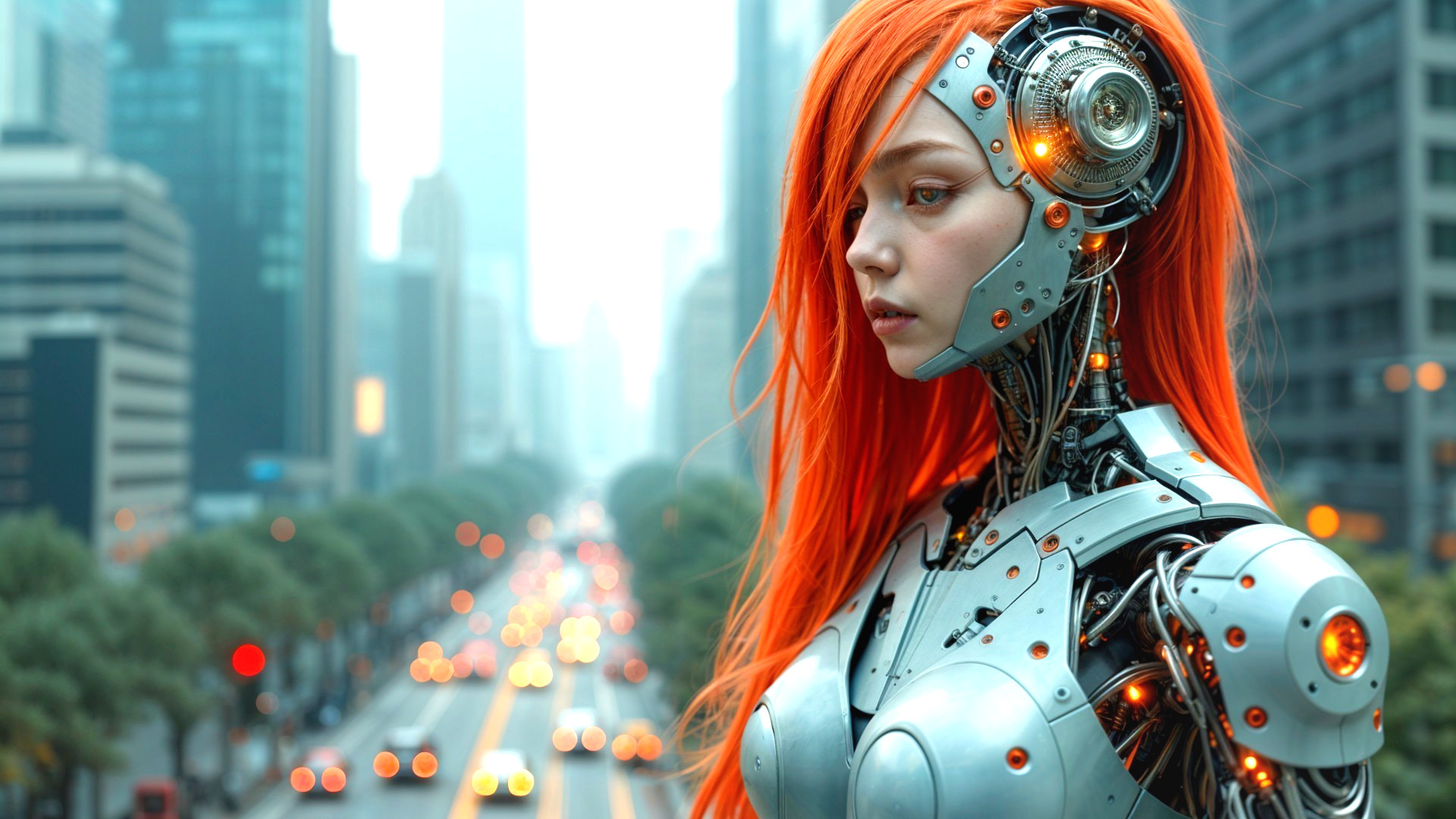 Futuristic Robot with Metallic Body in Cityscape