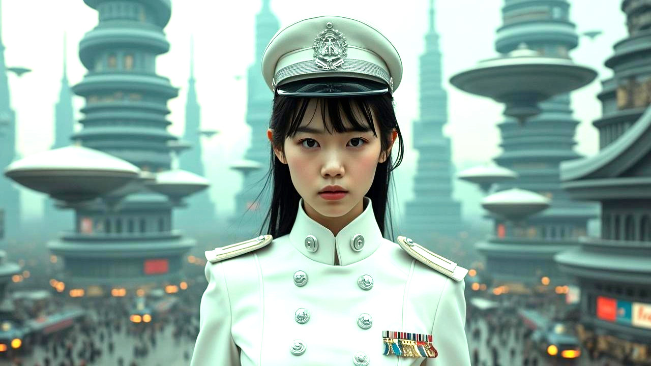 Young Woman in White Military Uniform in Futuristic City