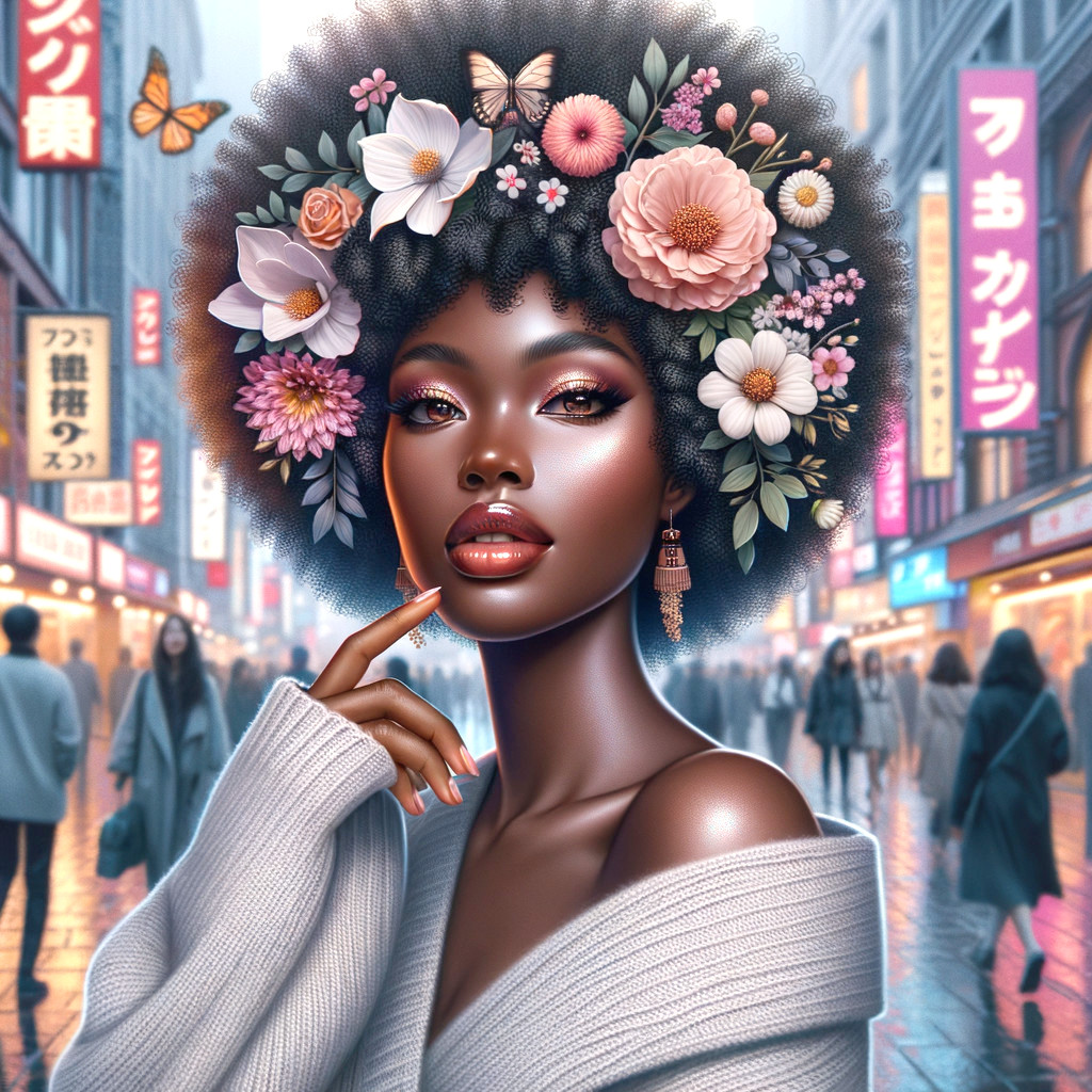 Portrait of a woman with vibrant afro and city backdrop