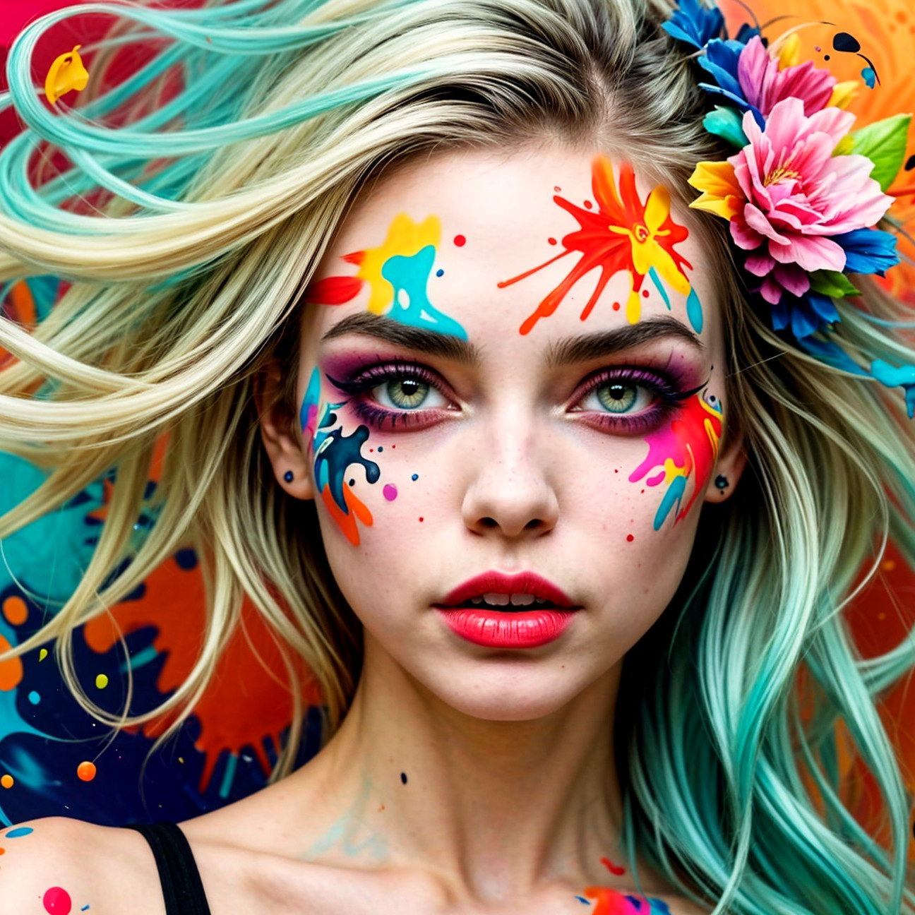 Portrait of a Young Woman with Colorful Face Paint