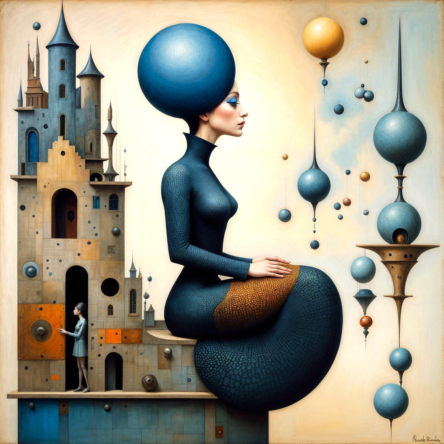 Surreal Artwork of Contemplative Woman and Fantasy Architecture