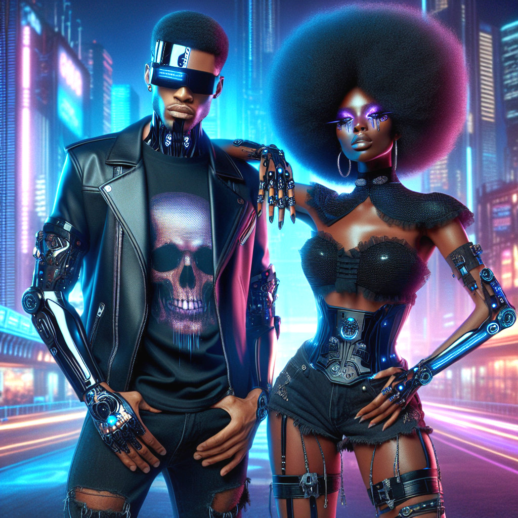 Futuristic Couple in Vibrant Cyberpunk Cityscape