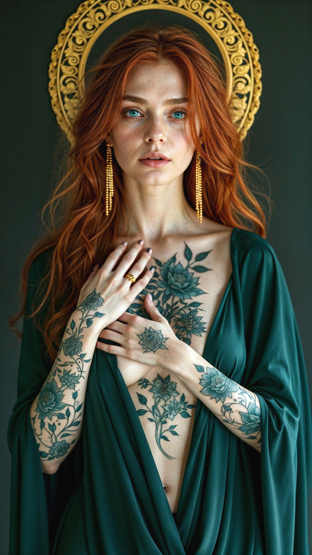 Portrait of a Woman with Red Hair and Floral Tattoos