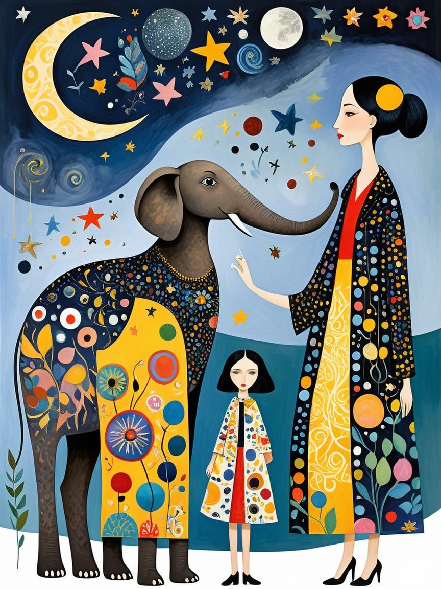 Whimsical Night Scene with Woman and Elephant Interaction