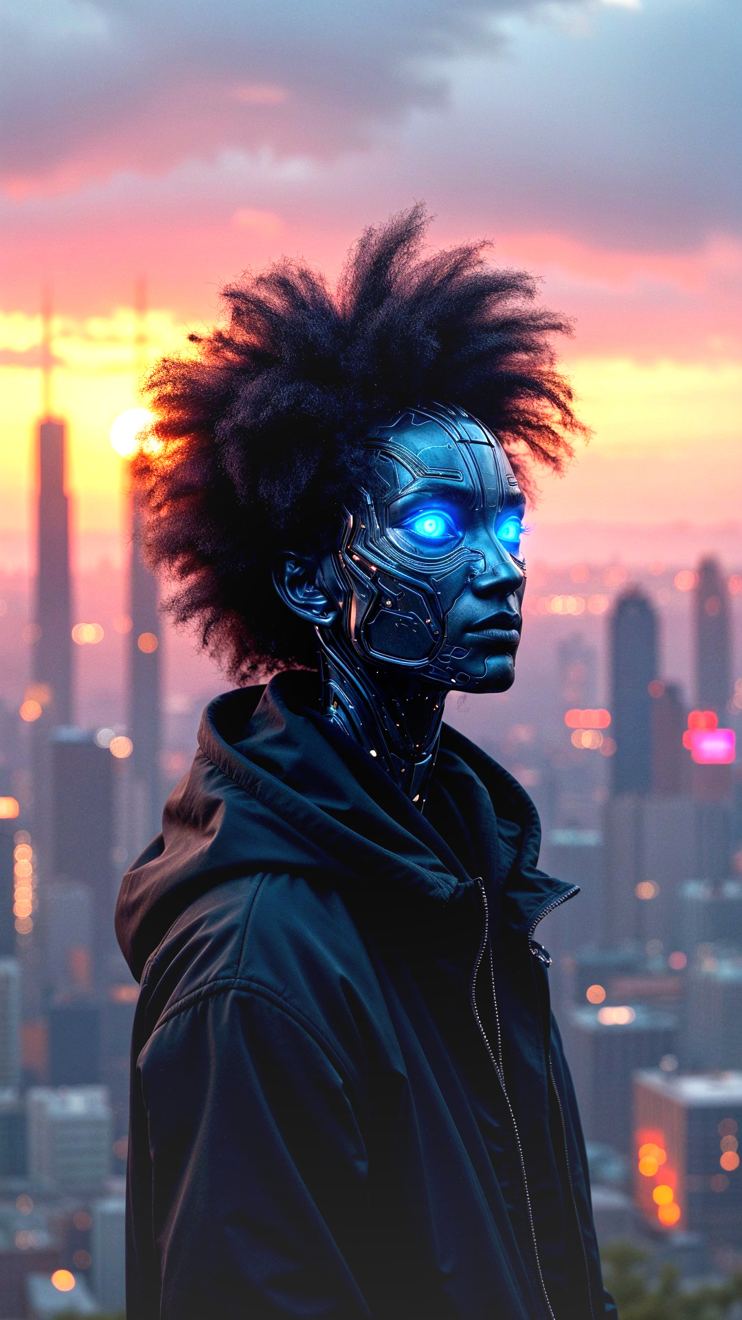 Futuristic Humanoid Robot with Metallic Face and Afro