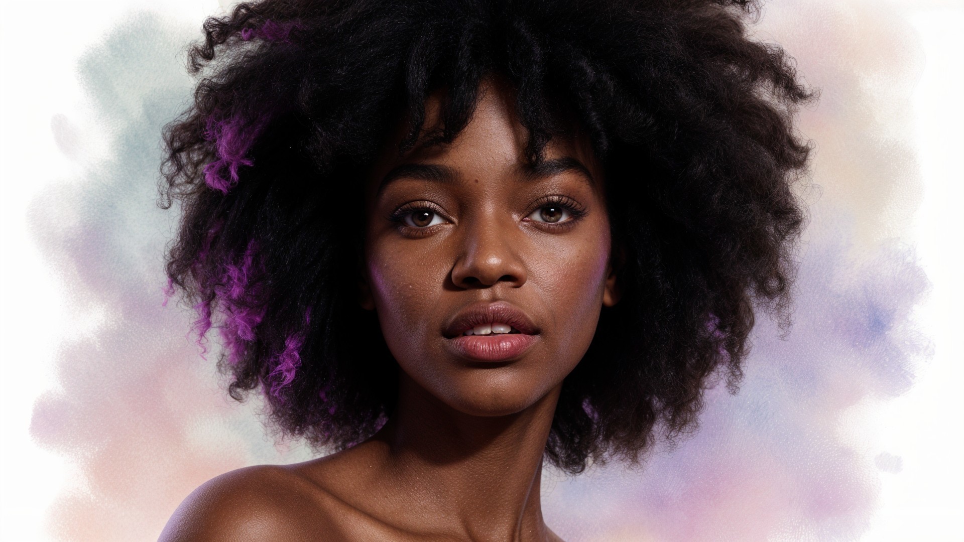Portrait of a Young Woman with Curly Purple Hair