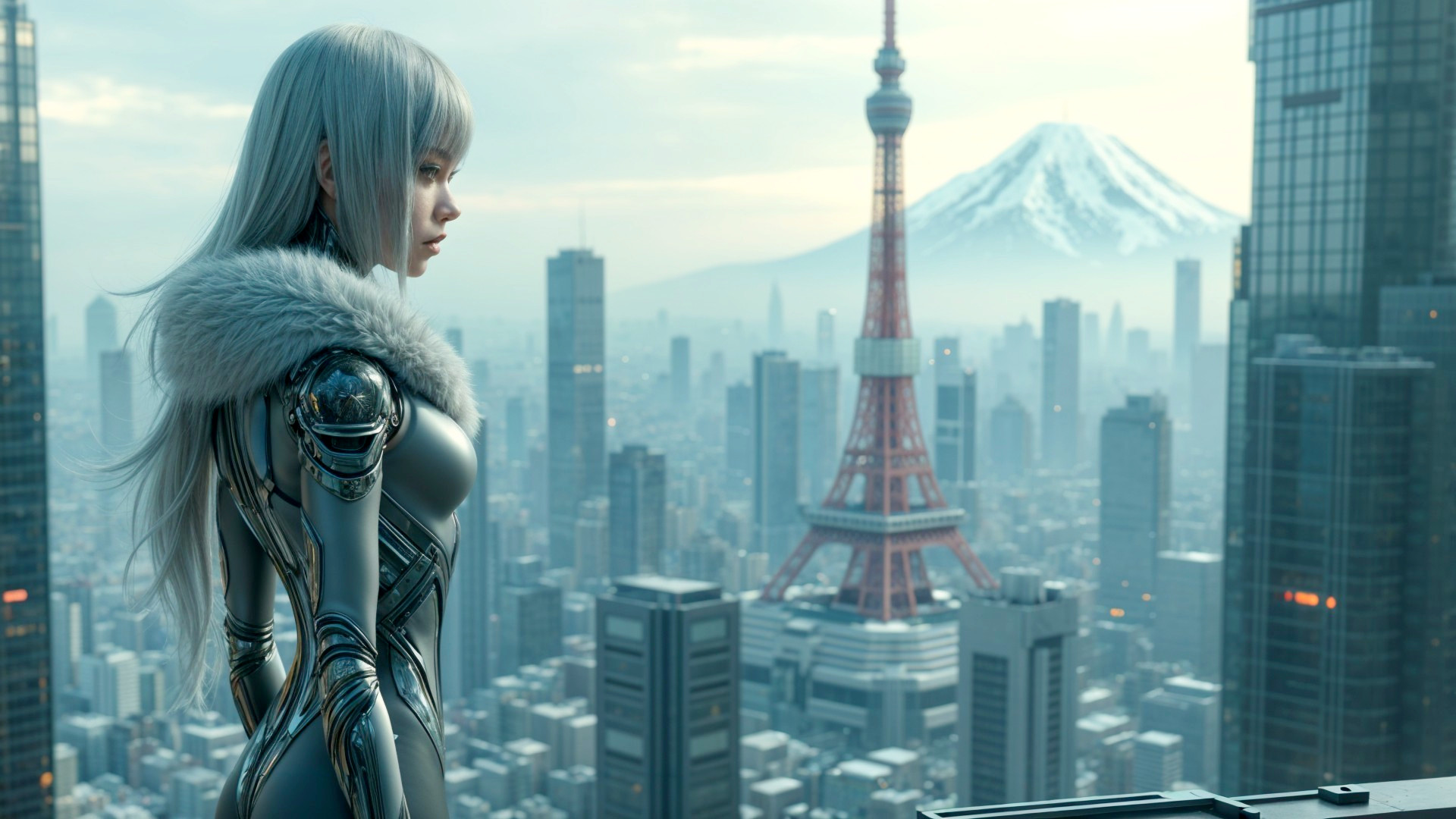 Futuristic humanoid figure overlooking Tokyo cityscape