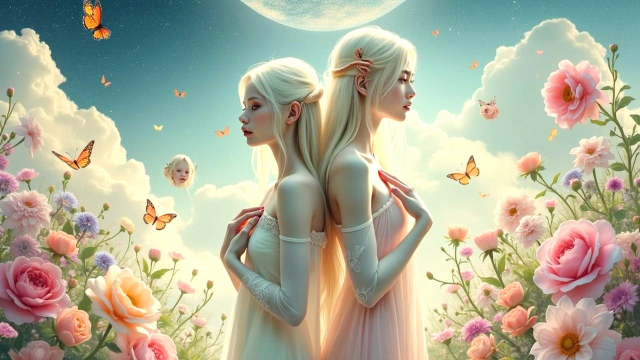 Ethereal Figures in a Dreamy Floral Landscape