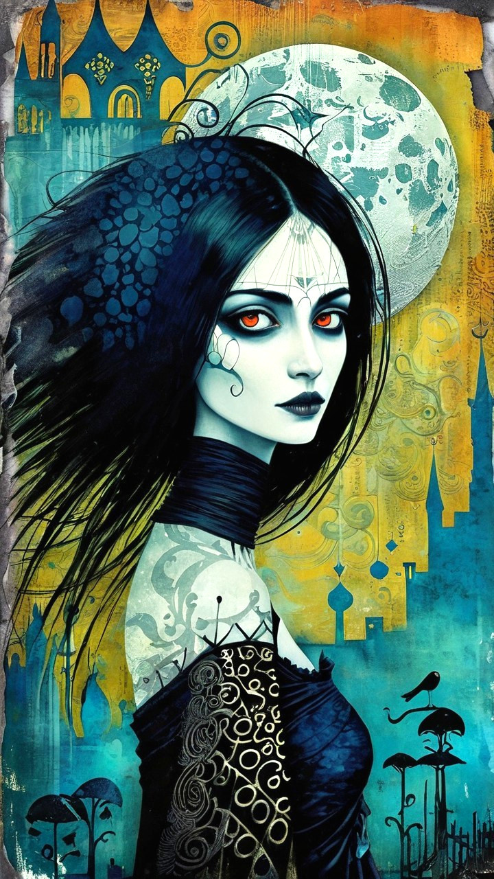 Ethereal figure with dark hair and orange eyes in moonlit scene