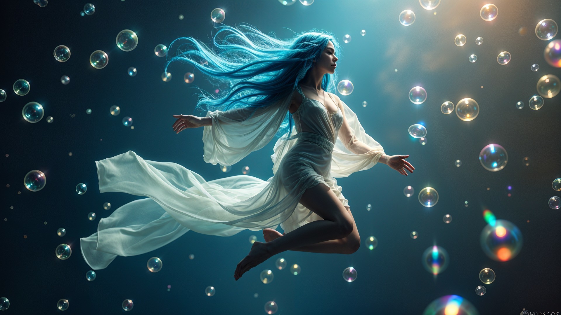 Celestial Figure in Ethereal Gown Among Bubbles