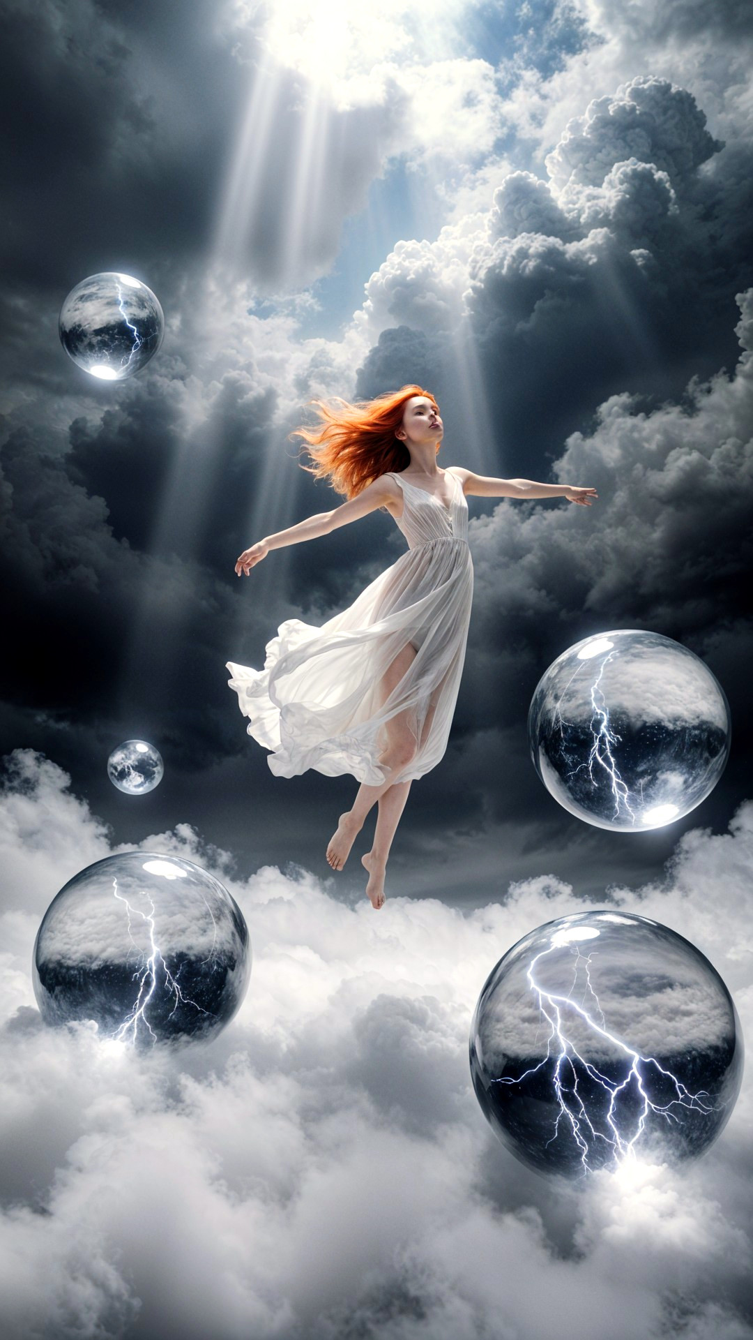 Woman in White Dress Surrounded by Clouds and Spheres