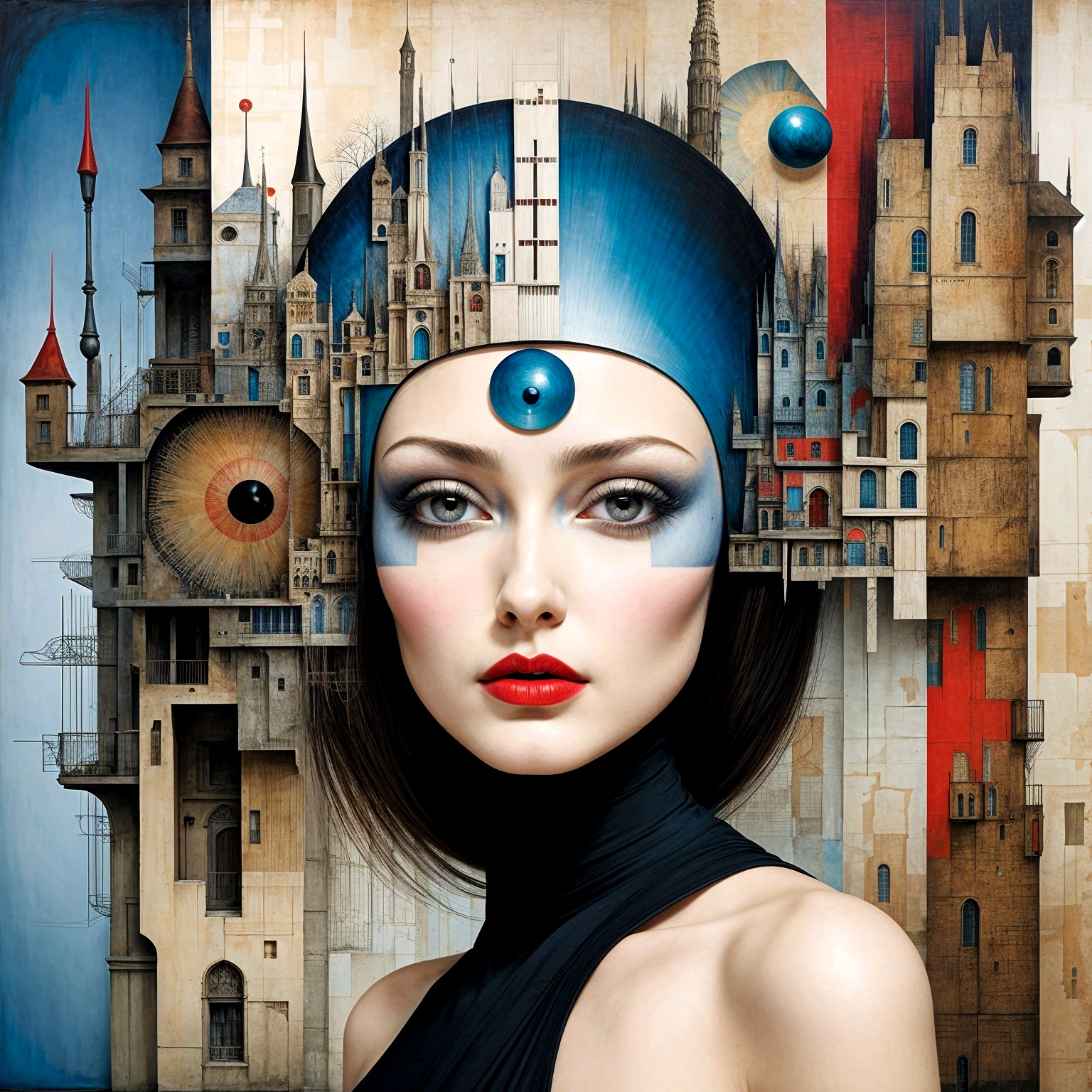 Fantasy Woman with Cityscape Headpiece and Bold Colors