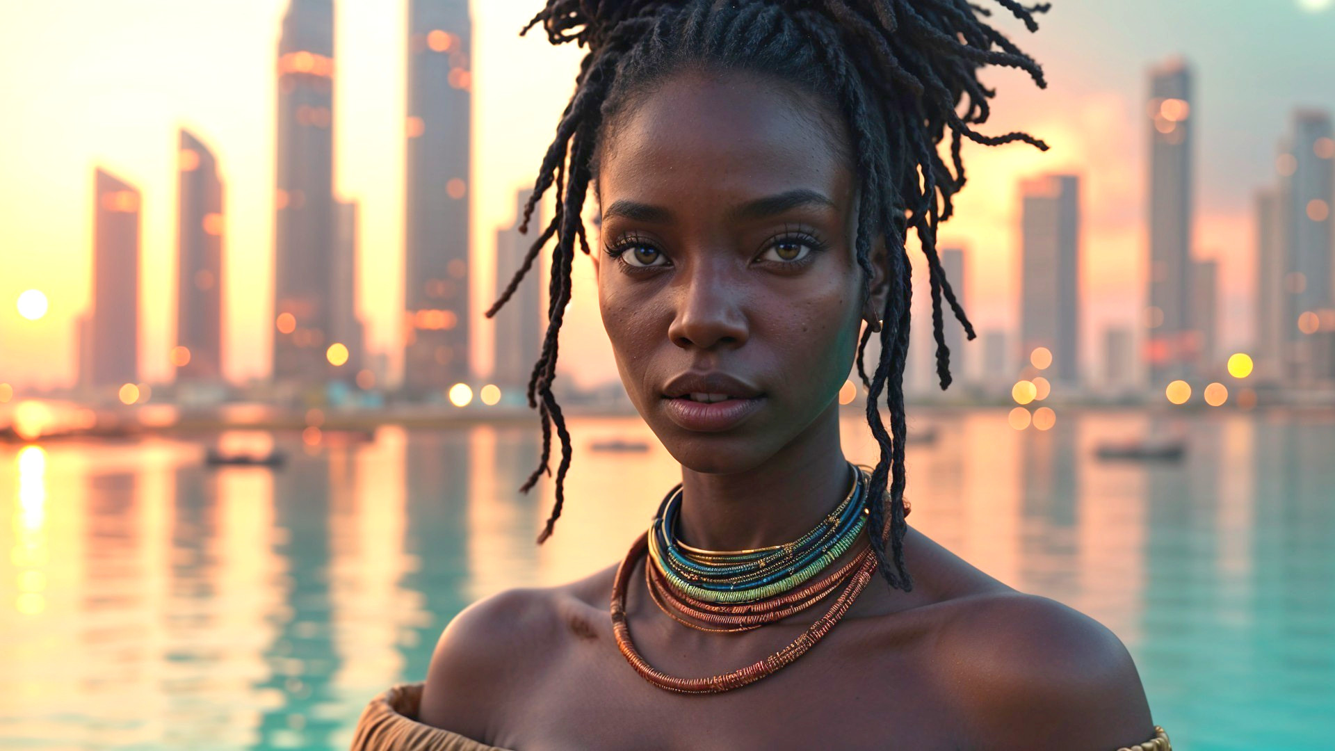 Portrait of a Confident Woman with Dreadlocks and Necklaces