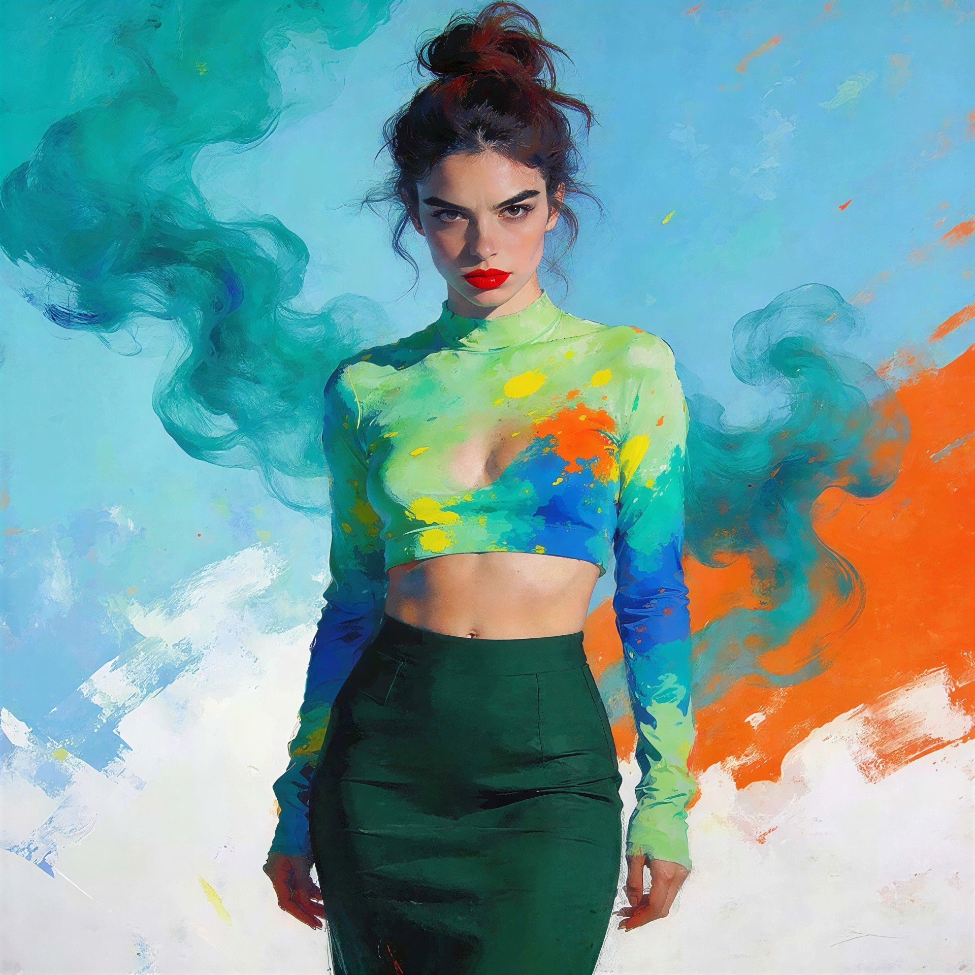 Brightly Lit Oil Painting of Woman in Colorful Attire