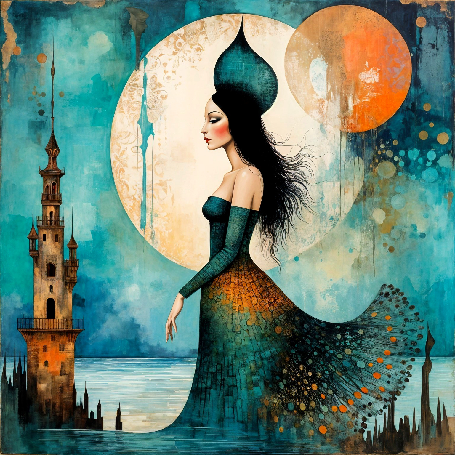 Graceful figure in teal dress with surreal background