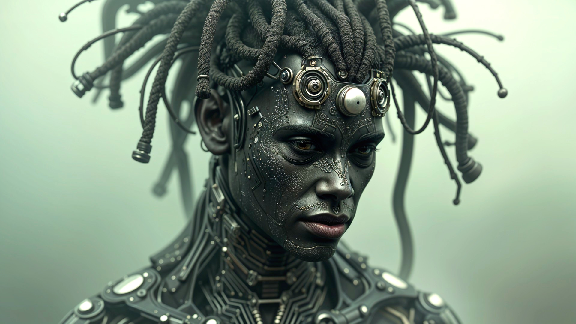 Futuristic humanoid with mechanical skin and circuitry