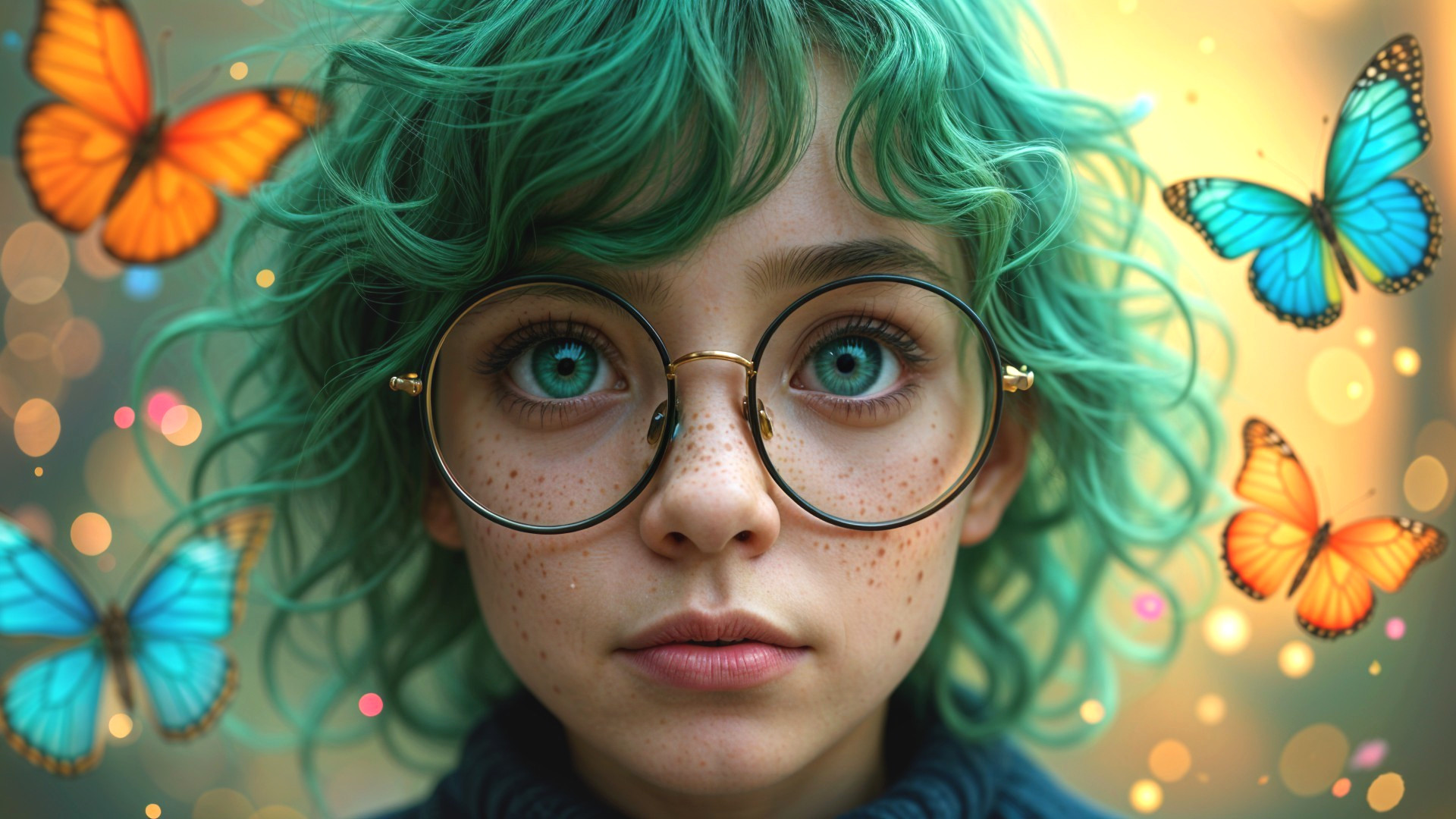 Young girl with green hair and butterflies in background