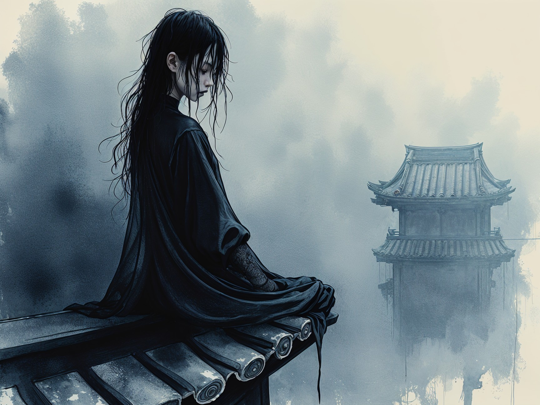 Misty Rooftop Scene with Figure and Pagoda Structure