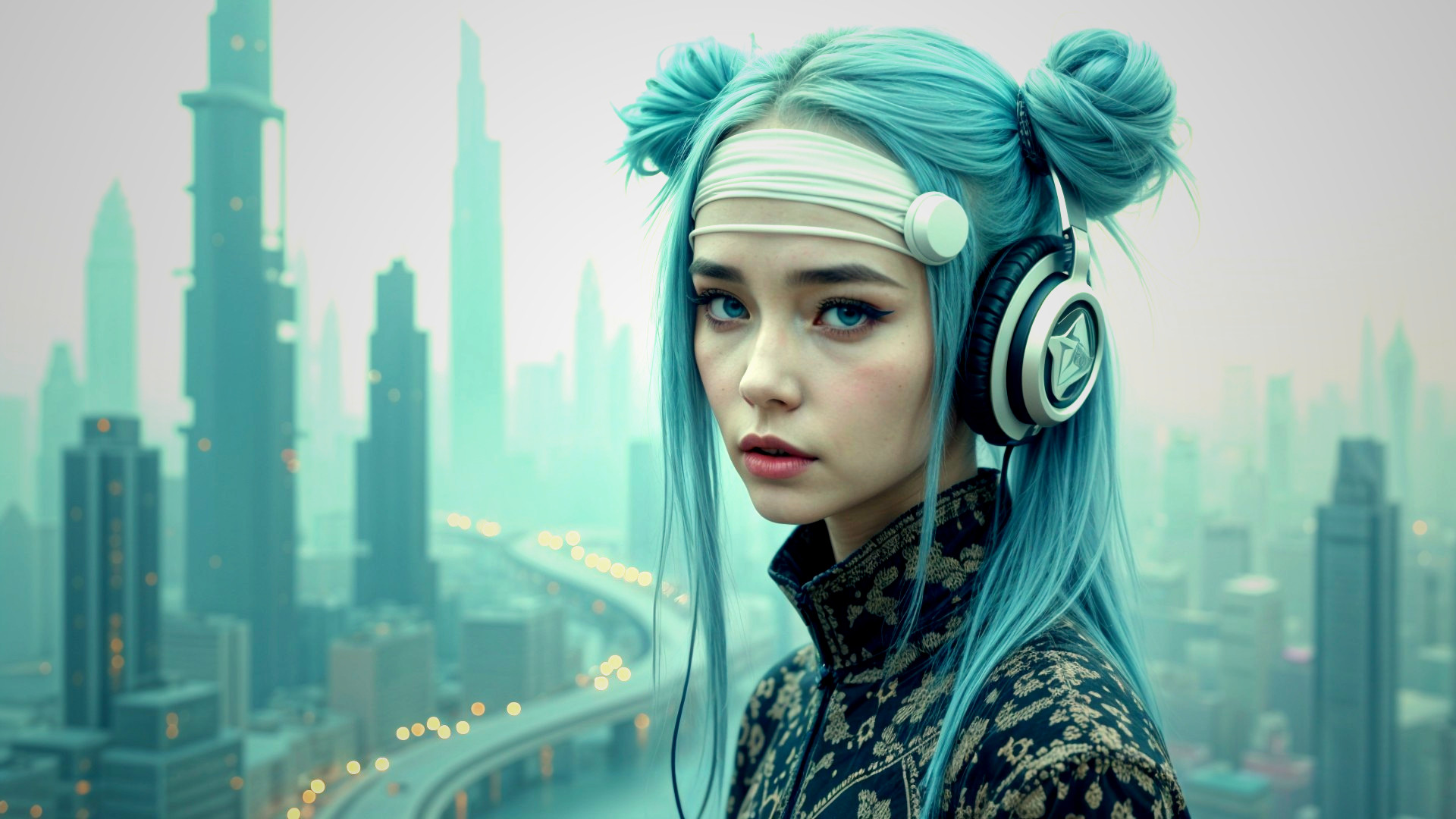 Young woman with blue hair in cyberpunk cityscape