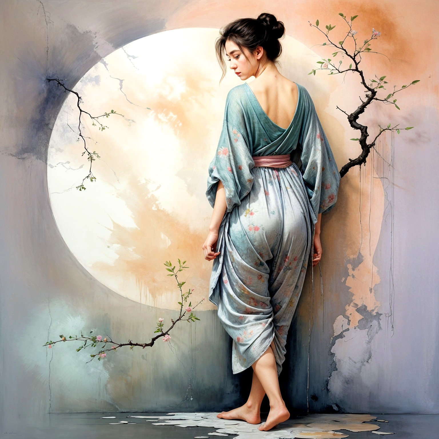 Ethereal Scene of Woman in Floral Kimono and Moon