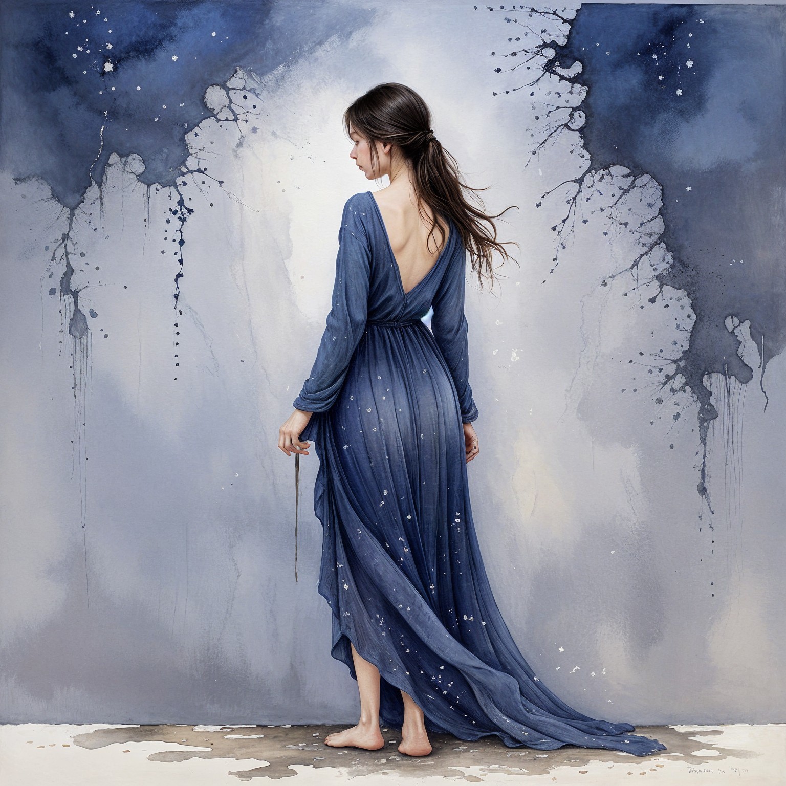 Young woman in a flowing blue dress with sparkles