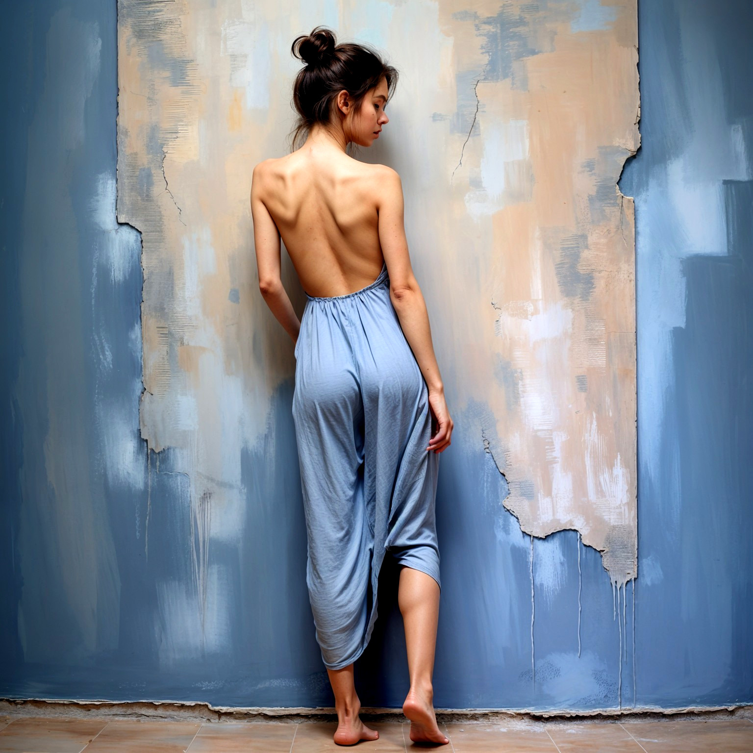 Elegant Woman in Backless Blue Outfit Against Textured Wall