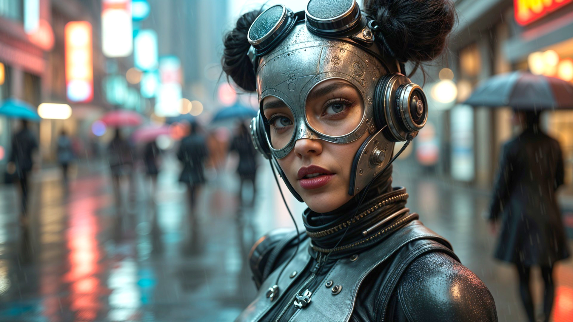 Steampunk Woman in Rainy Cityscape with Reflections