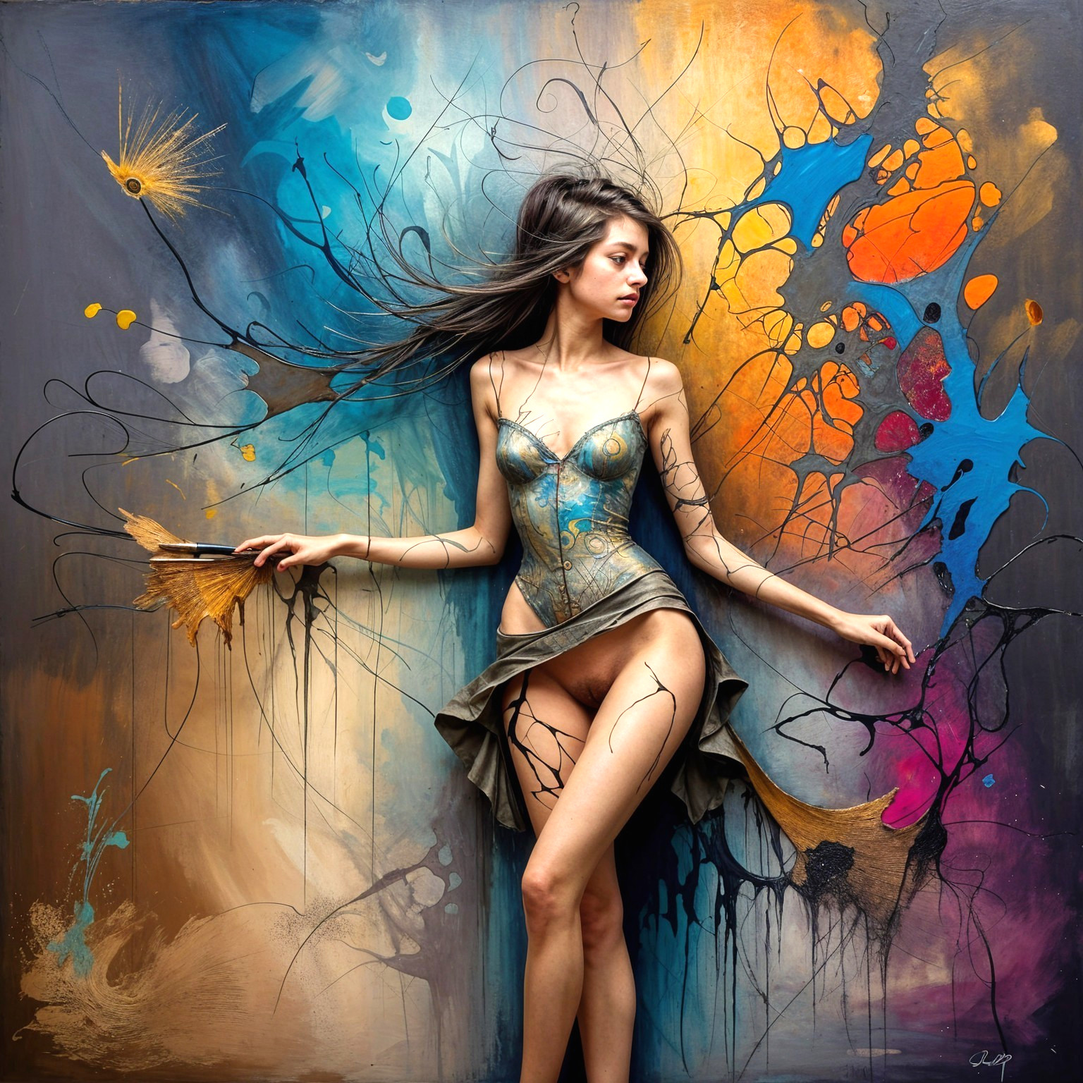 Woman in Bodysuit Against Vibrant Abstract Background
