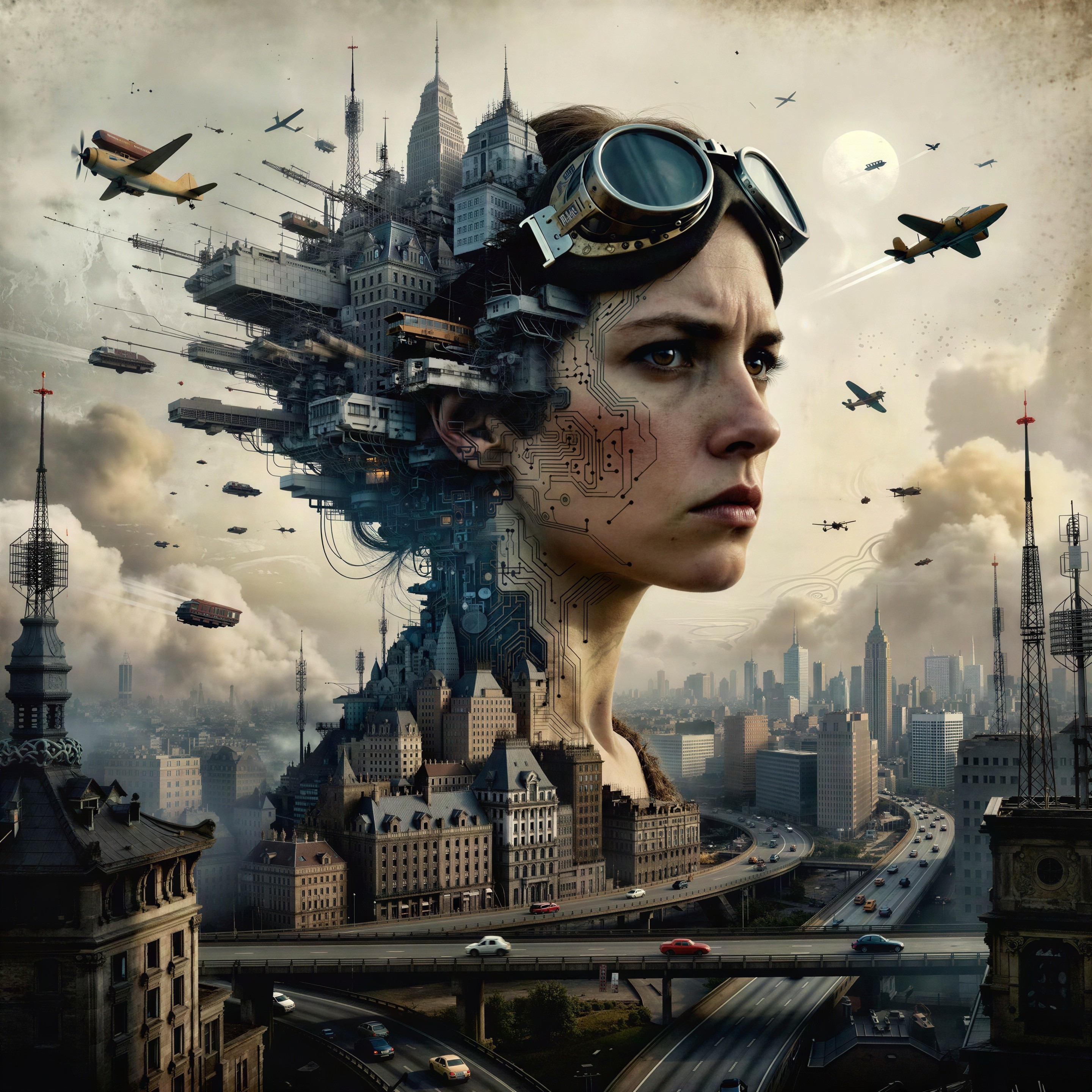 A composite image of a woman and a dystopian cityscape