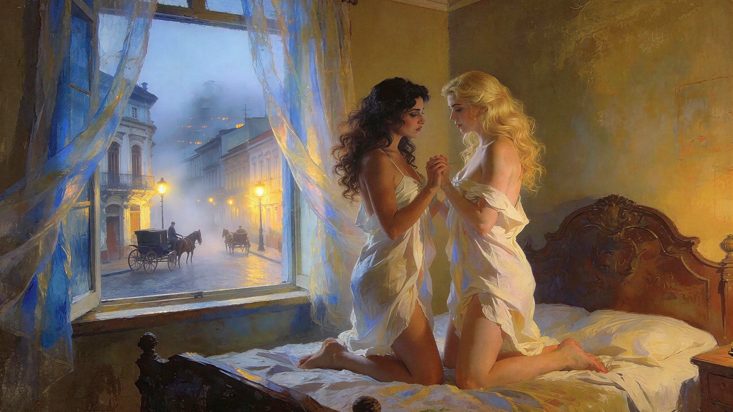 Evening Scene of Two Women in White Nightgowns